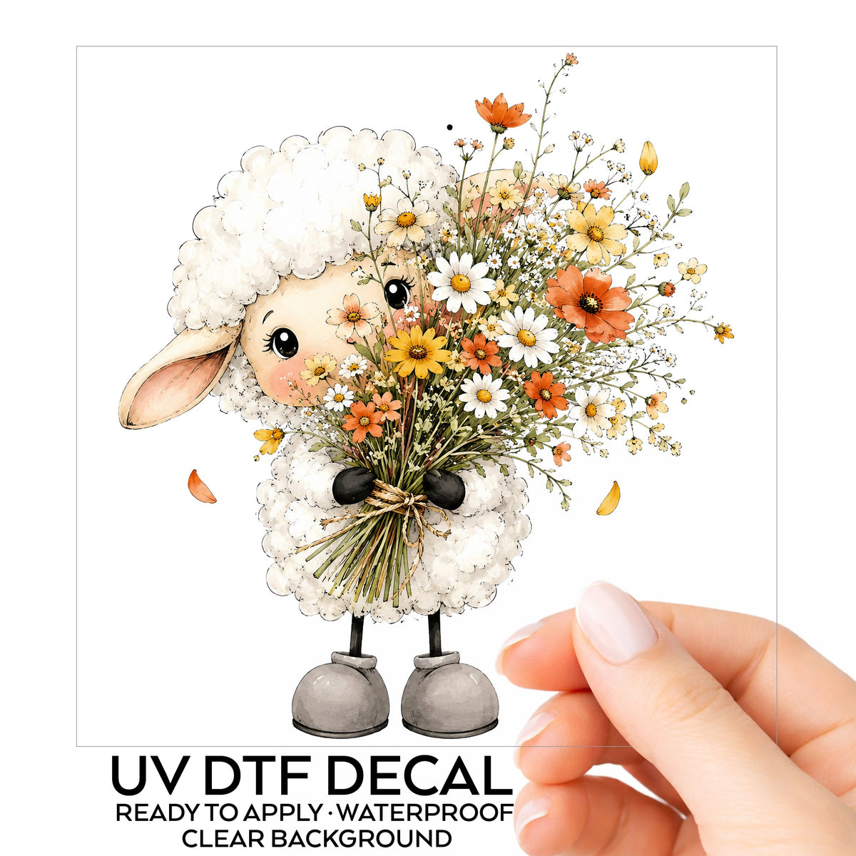 White Lamb Holding Wildflower Bouquet UV DTF sticker on its backing card, held in hand
