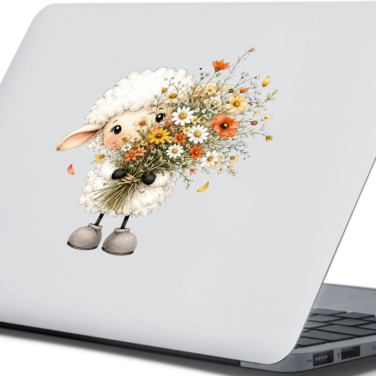 White Lamb Holding Wildflower Bouquet UV DTF sticker applied to the lid of a silver laptop