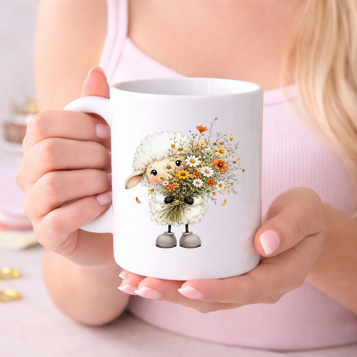 White Lamb Holding Wildflower Bouquet UV DTF sticker applied to a white coffee mug held in both hands