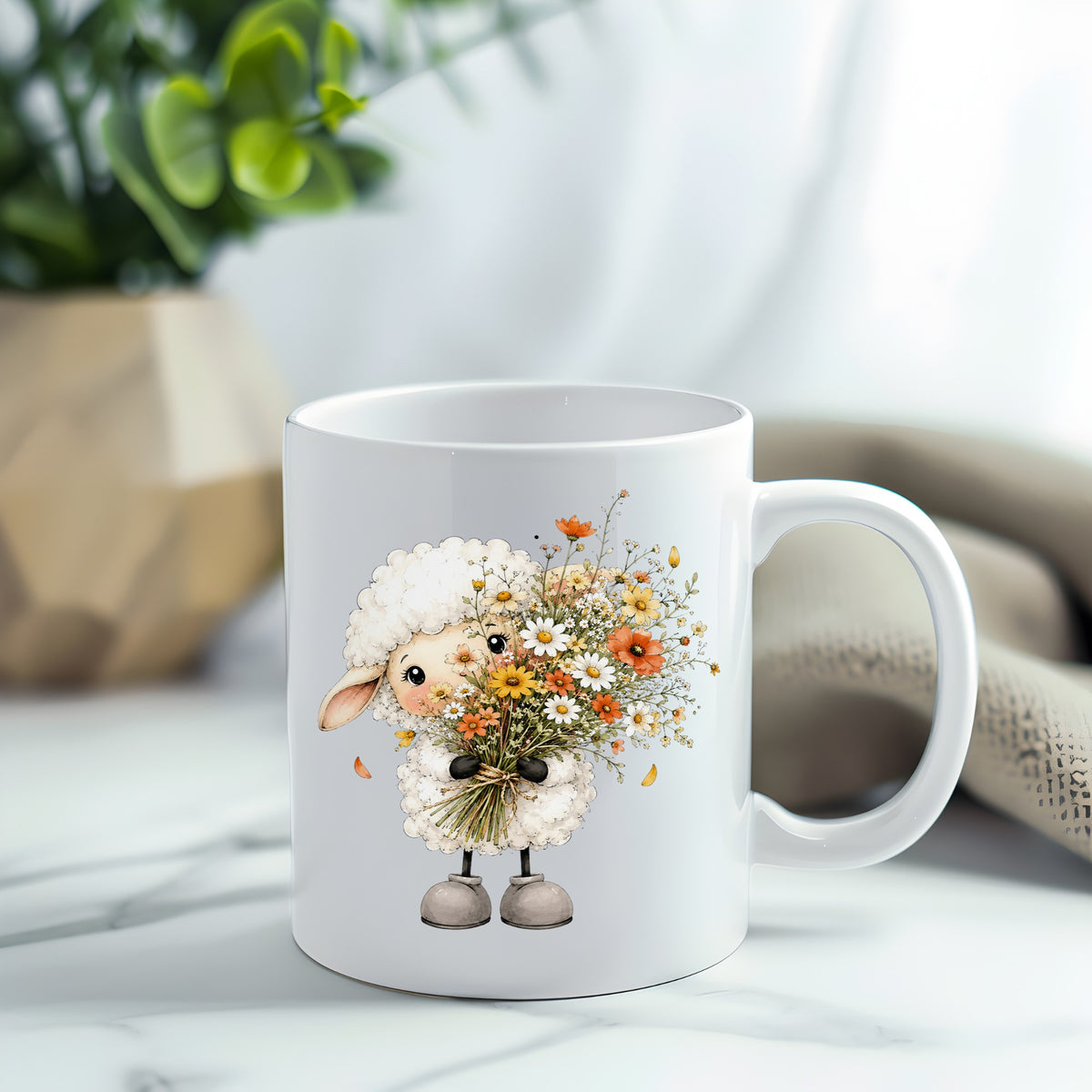 White Lamb Holding Wildflower Bouquet UV DTF sticker applied to a white coffee mug