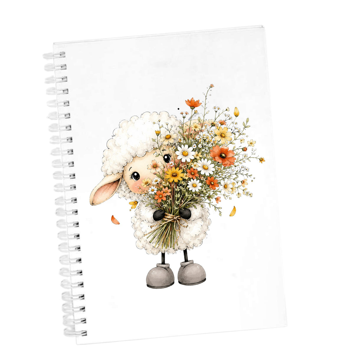 White Lamb Holding Wildflower Bouquet UV DTF sticker applied to the cover of a white spiral journal