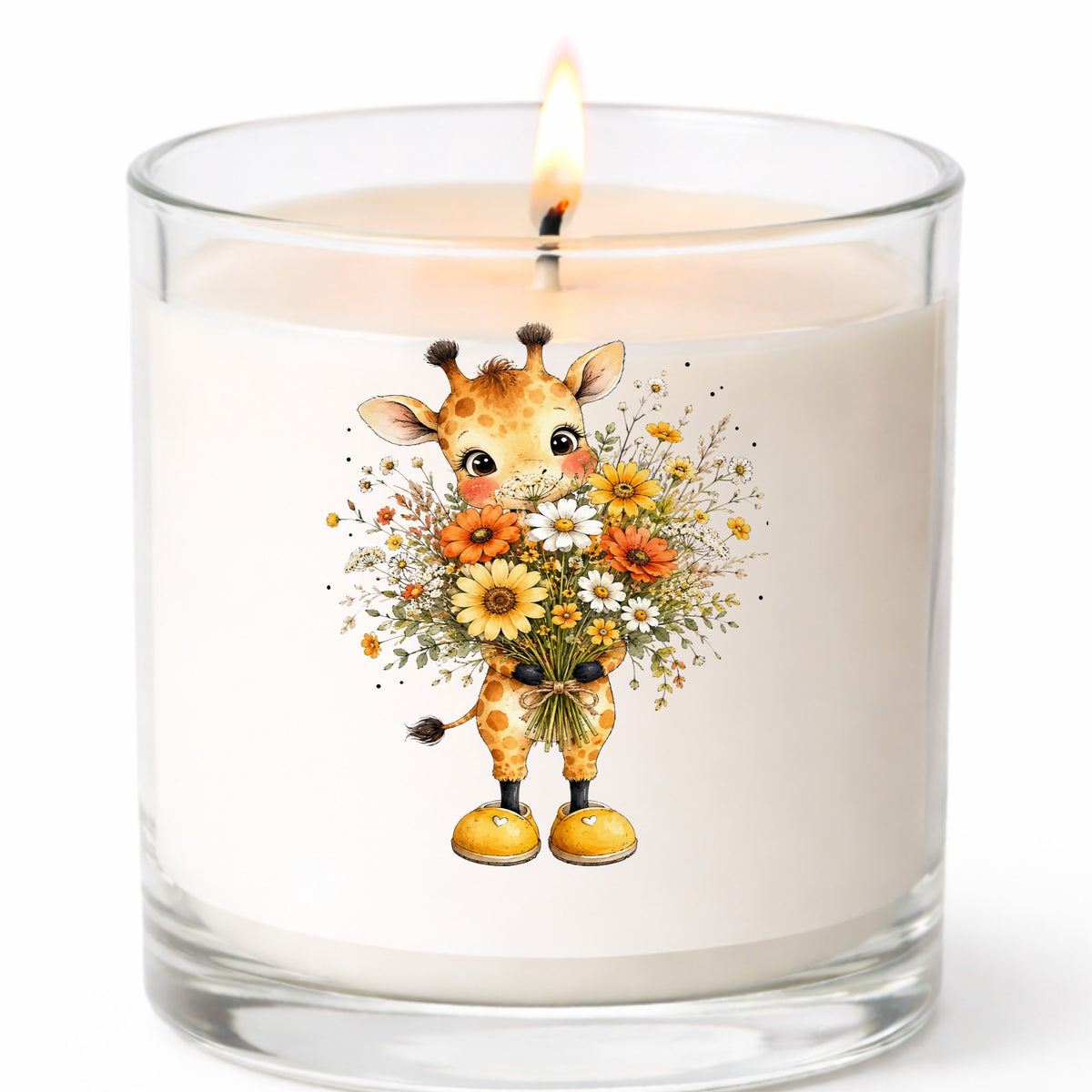 Watercolor Giraffe Holding Daisy Bouquet UV DTF sticker applied to a white candle in a clear glass jar