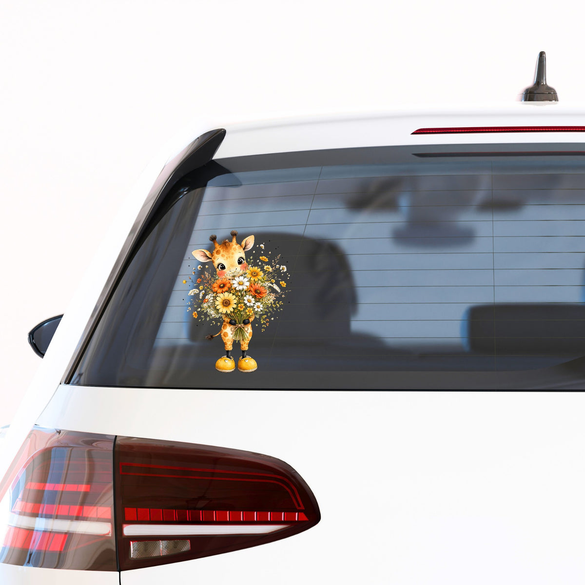 Watercolor Giraffe Holding Daisy Bouquet UV DTF sticker applied to the rear window of a white car