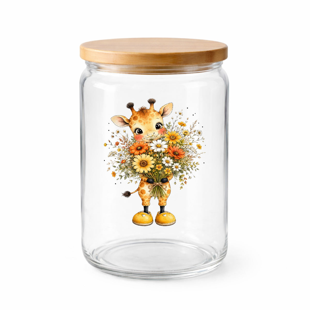 Watercolor Giraffe Holding Daisy Bouquet UV DTF sticker applied to a clear glass jar with a wooden lid