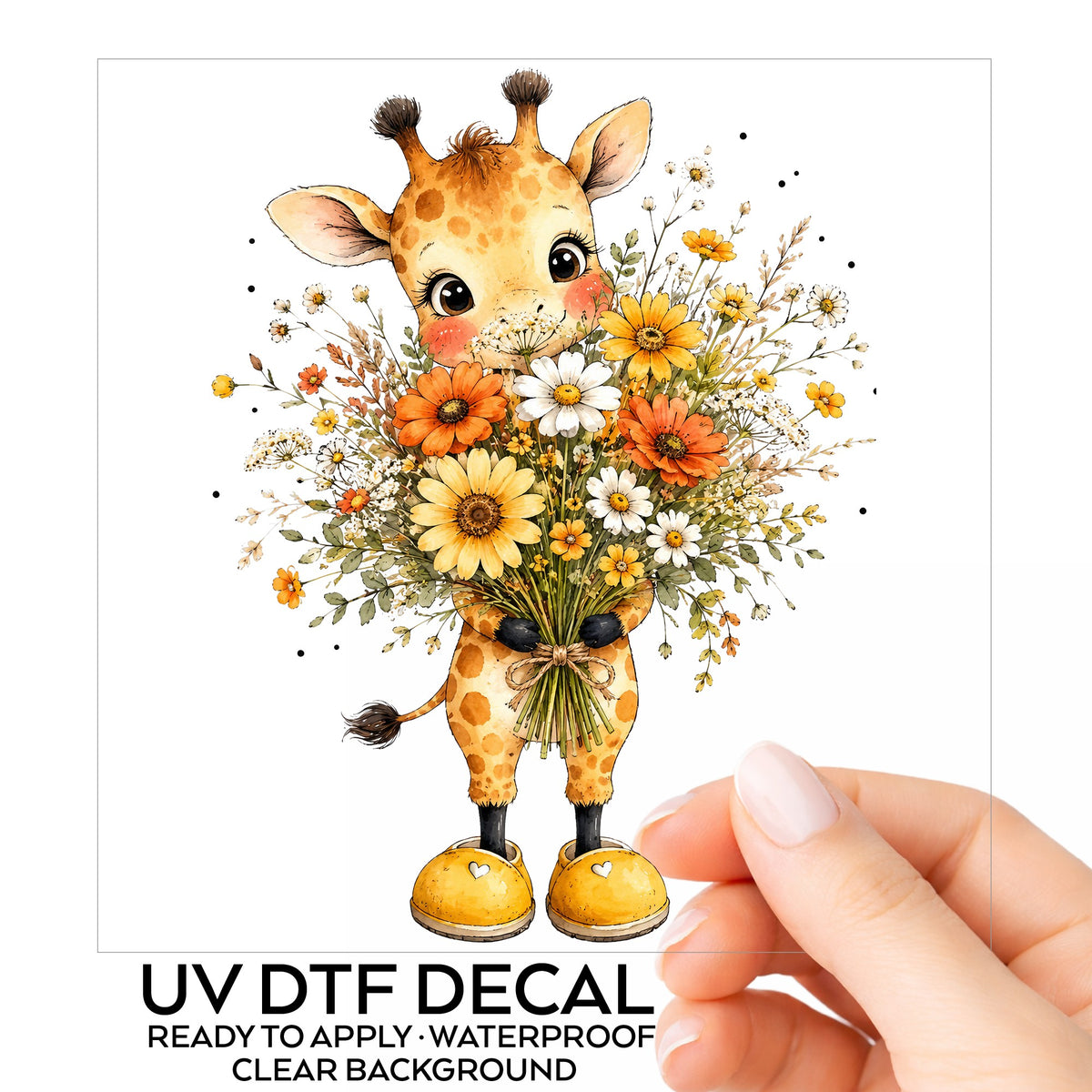 Watercolor Giraffe Holding Daisy Bouquet UV DTF sticker on its backing card, held in hand