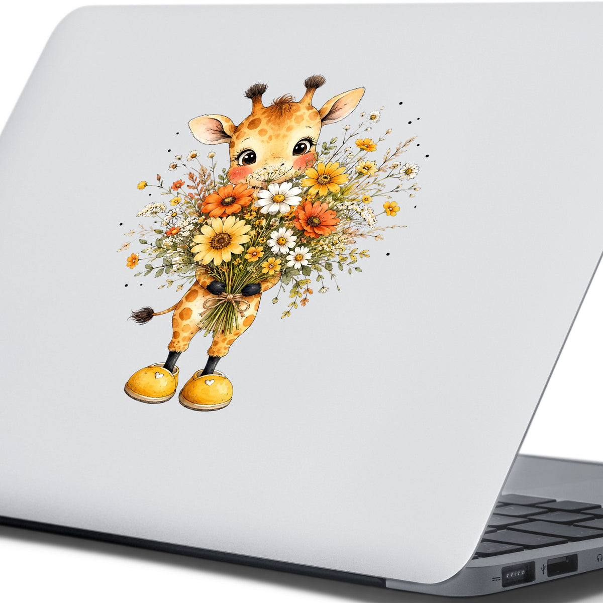 Watercolor Giraffe Holding Daisy Bouquet UV DTF sticker applied to the lid of a silver laptop