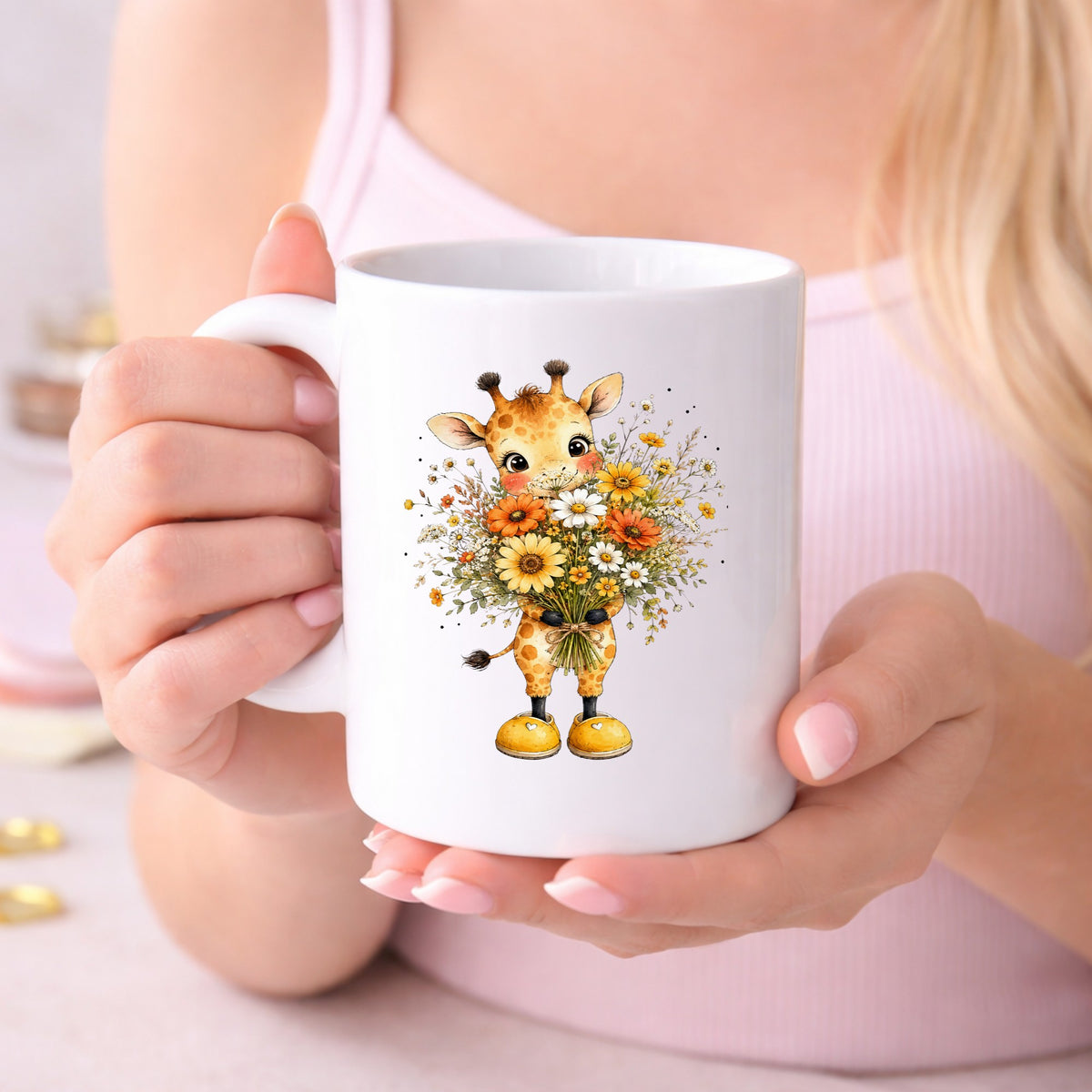 Watercolor Giraffe Holding Daisy Bouquet UV DTF sticker applied to a white coffee mug held in both hands