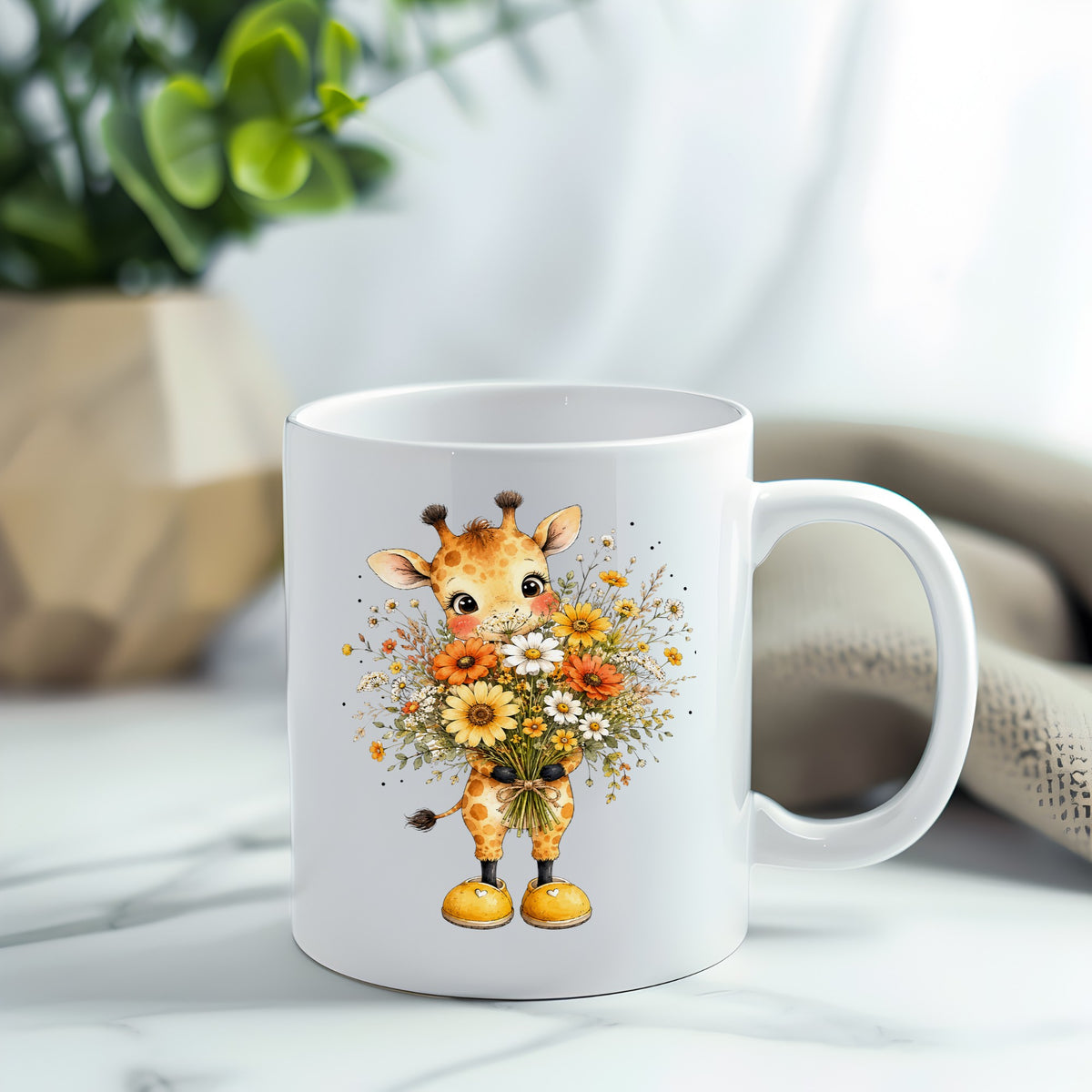 Watercolor Giraffe Holding Daisy Bouquet UV DTF sticker applied to a white coffee mug