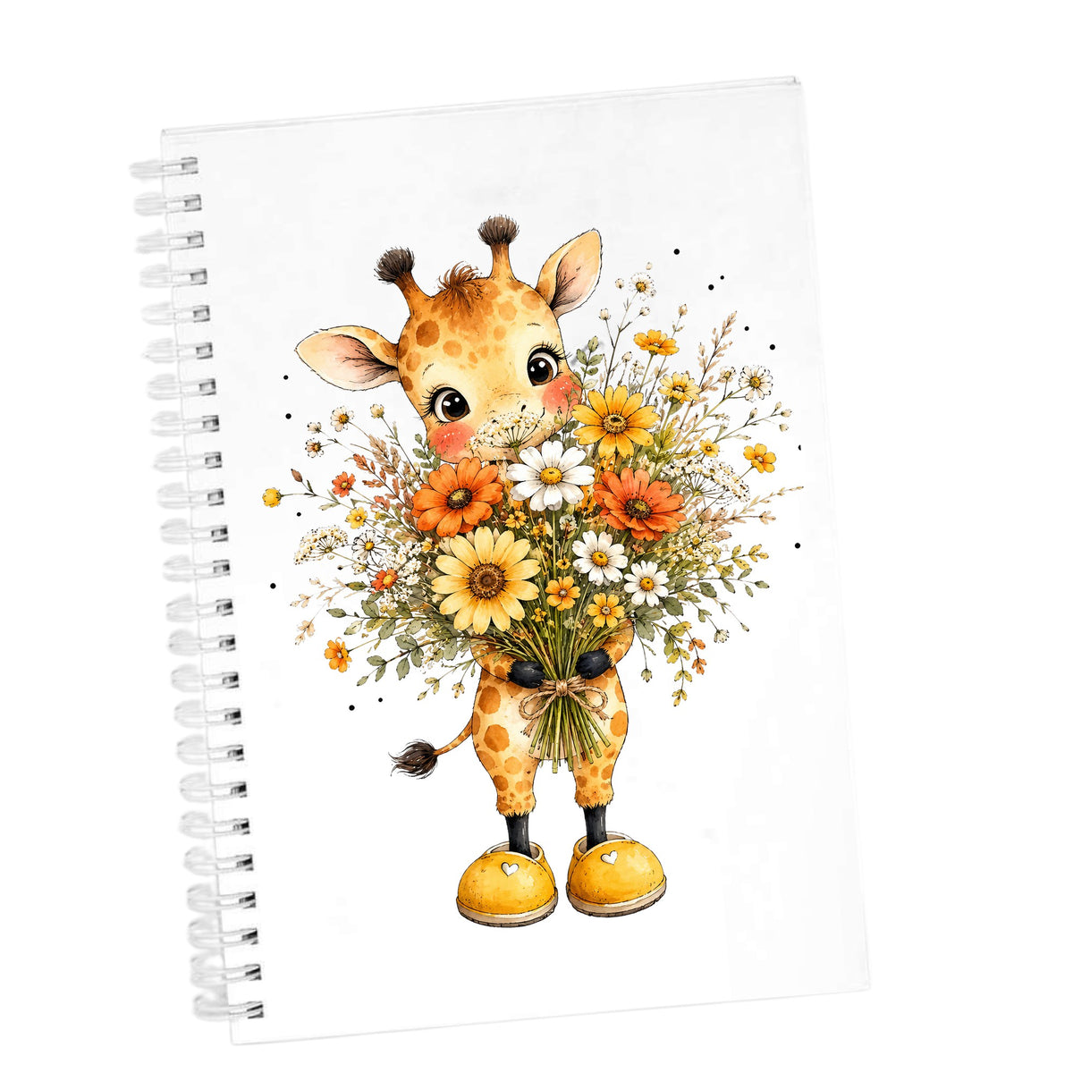 Watercolor Giraffe Holding Daisy Bouquet UV DTF sticker applied to the cover of a white spiral journal