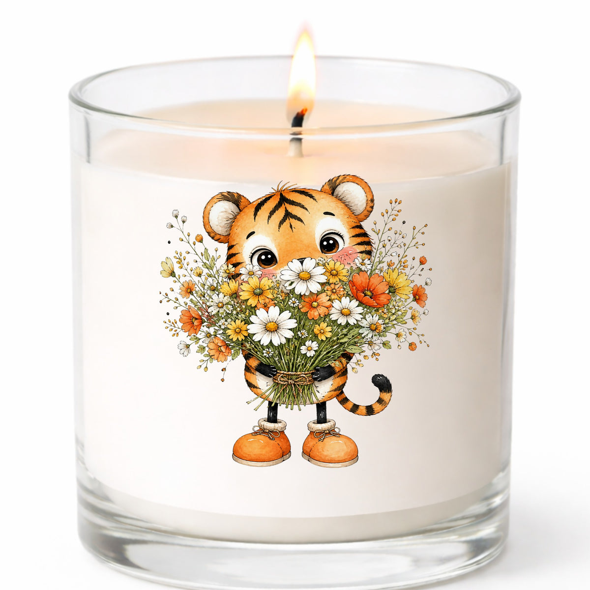 Tiger Cub Holding Wildflower Bouquet UV DTF sticker applied to a white candle in a clear glass jar