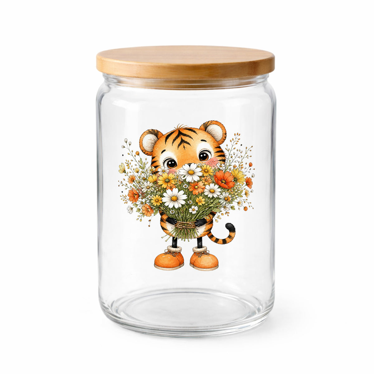 Tiger Cub Holding Wildflower Bouquet UV DTF sticker applied to a clear glass jar with a wooden lid