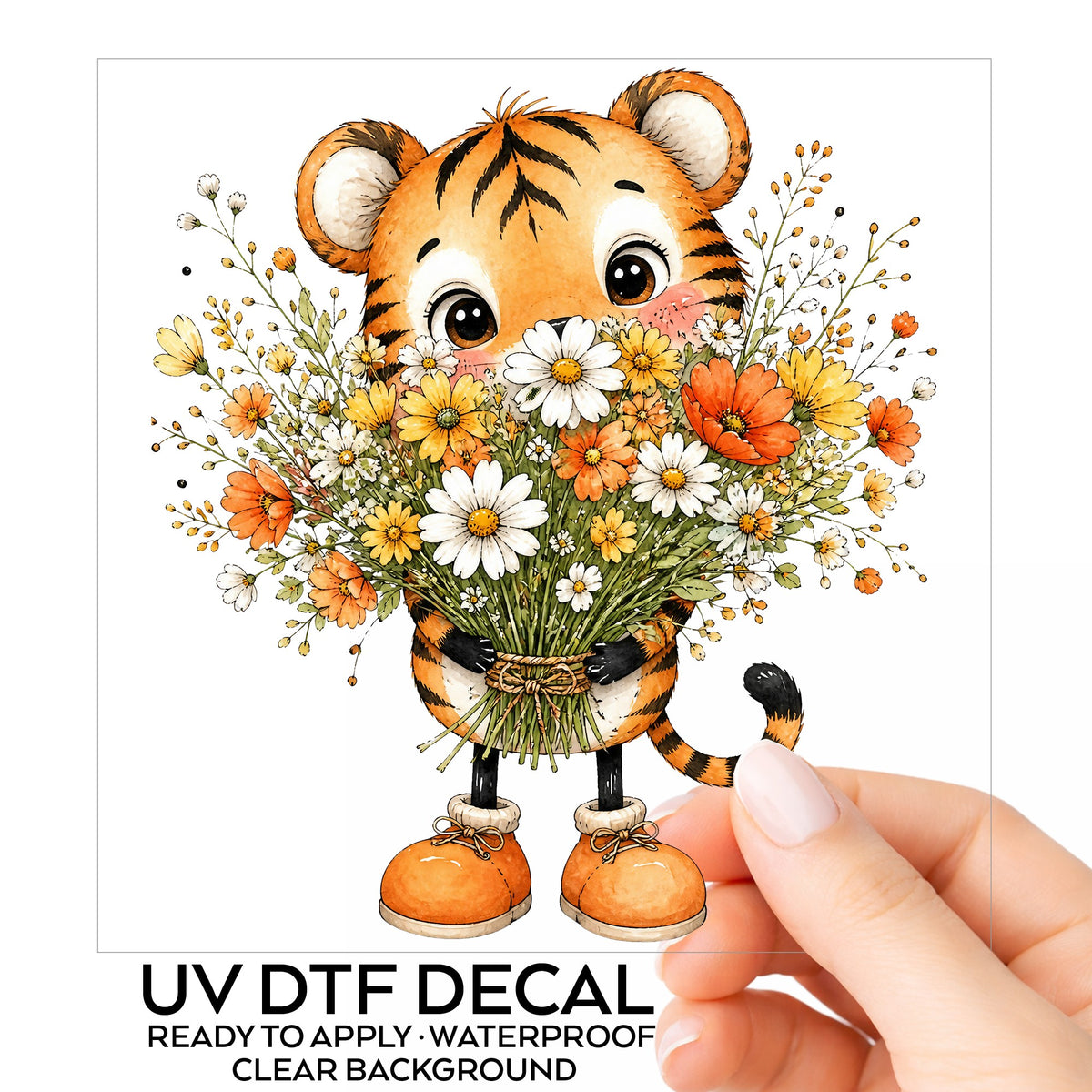 Tiger Cub Holding Wildflower Bouquet UV DTF sticker on its backing card, held in hand