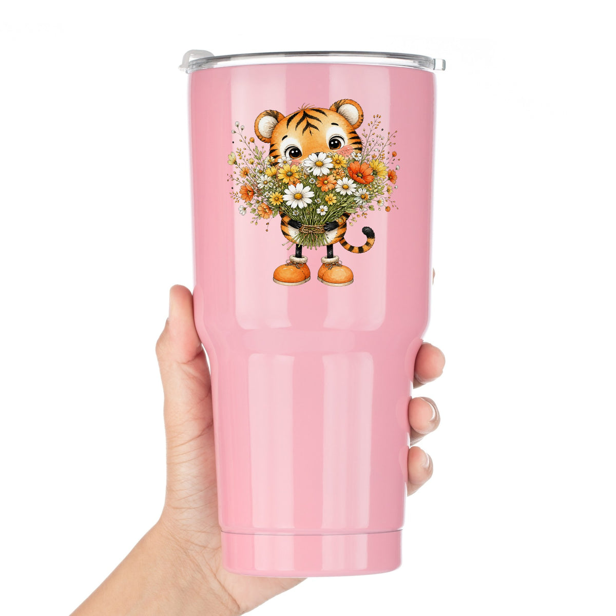 Tiger Cub Holding Wildflower Bouquet UV DTF sticker applied to a pink tumbler held against a white background