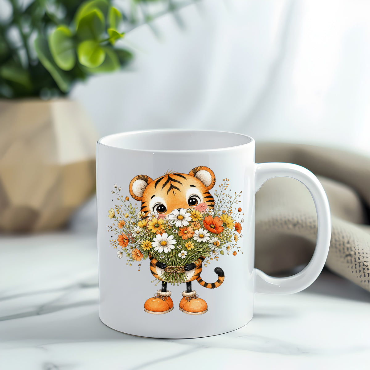 Tiger Cub Holding Wildflower Bouquet UV DTF sticker applied to a white coffee mug