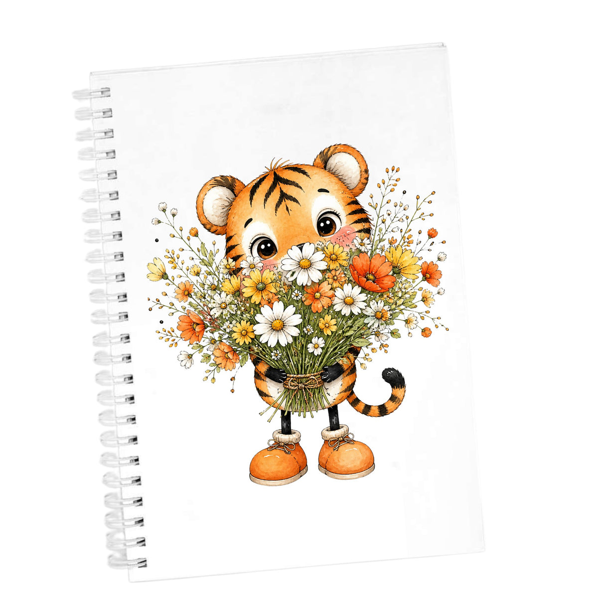 Tiger Cub Holding Wildflower Bouquet UV DTF sticker applied to the cover of a white spiral journal
