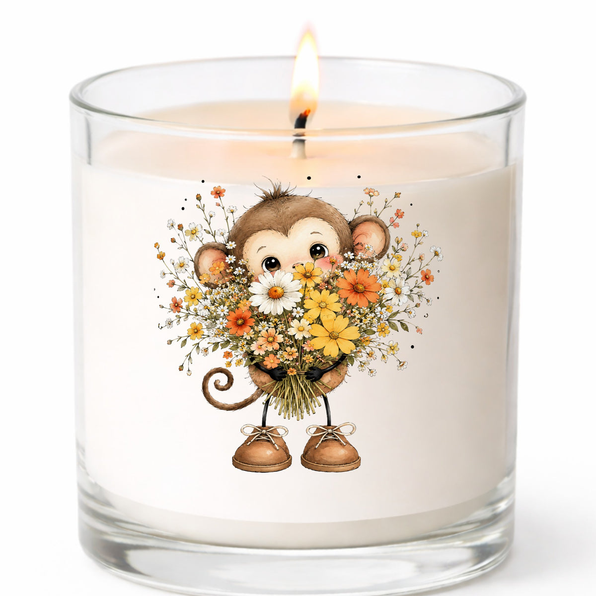 Baby Monkey Holding Daisy Bouquet UV DTF sticker applied to a white candle in a clear glass jar