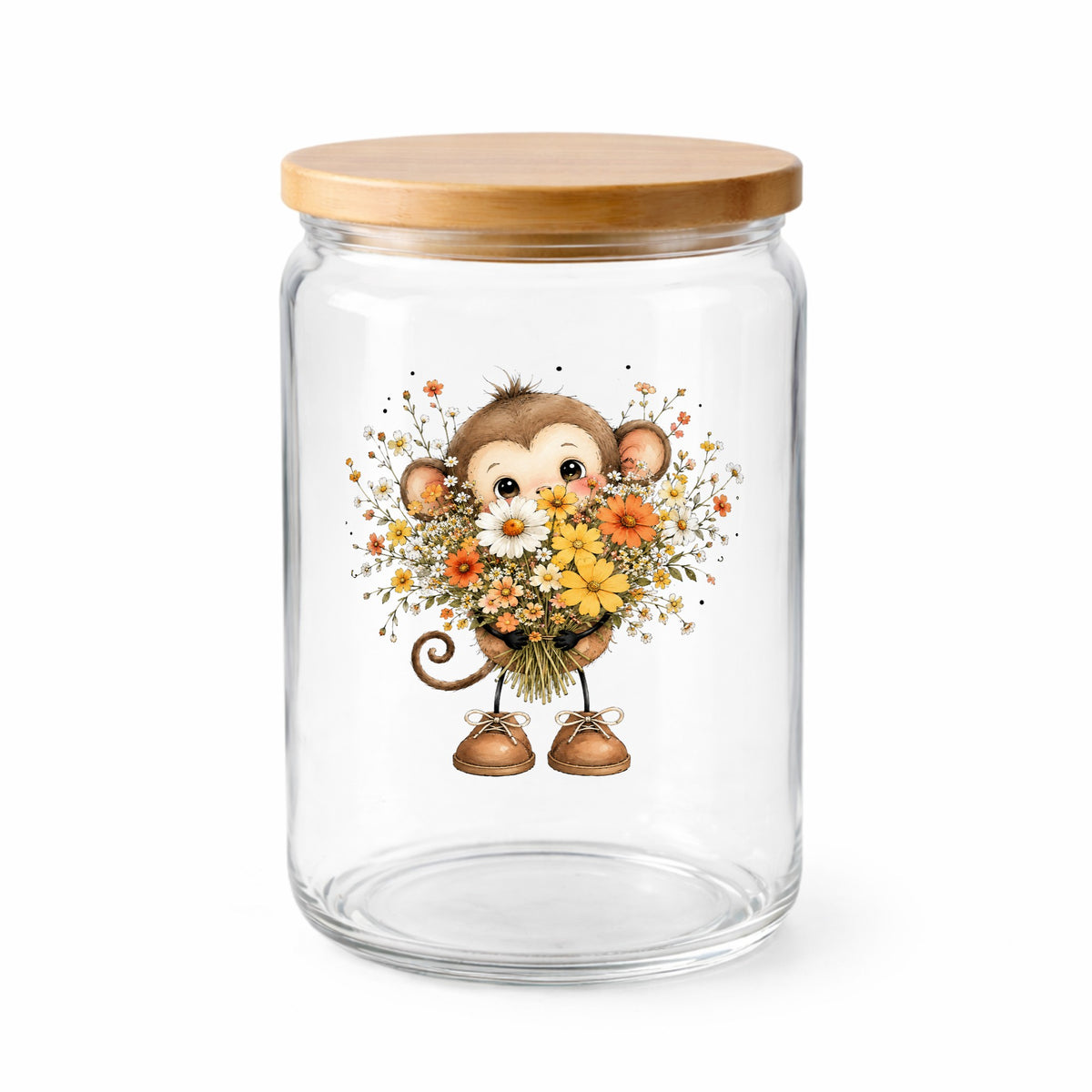 Baby Monkey Holding Daisy Bouquet UV DTF sticker applied to a clear glass jar with a wooden lid