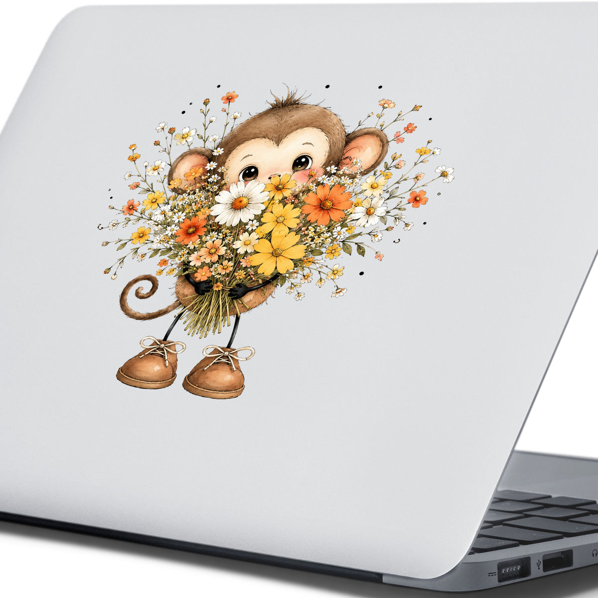 Baby Monkey Holding Daisy Bouquet UV DTF sticker applied to the lid of a silver laptop