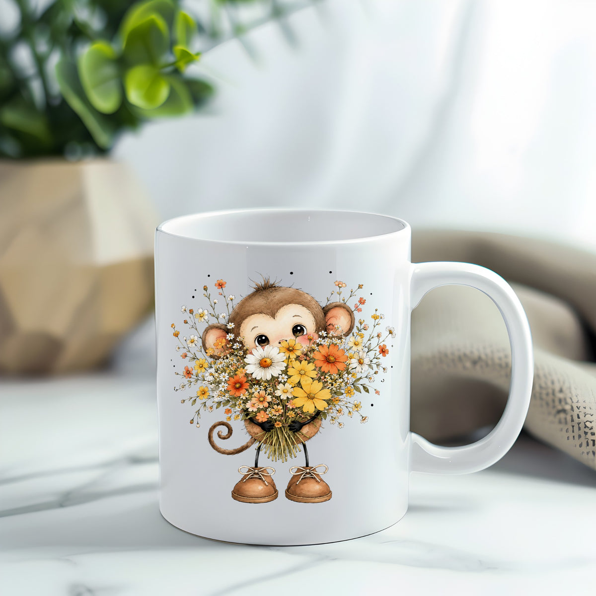 Baby Monkey Holding Daisy Bouquet UV DTF sticker applied to a white coffee mug