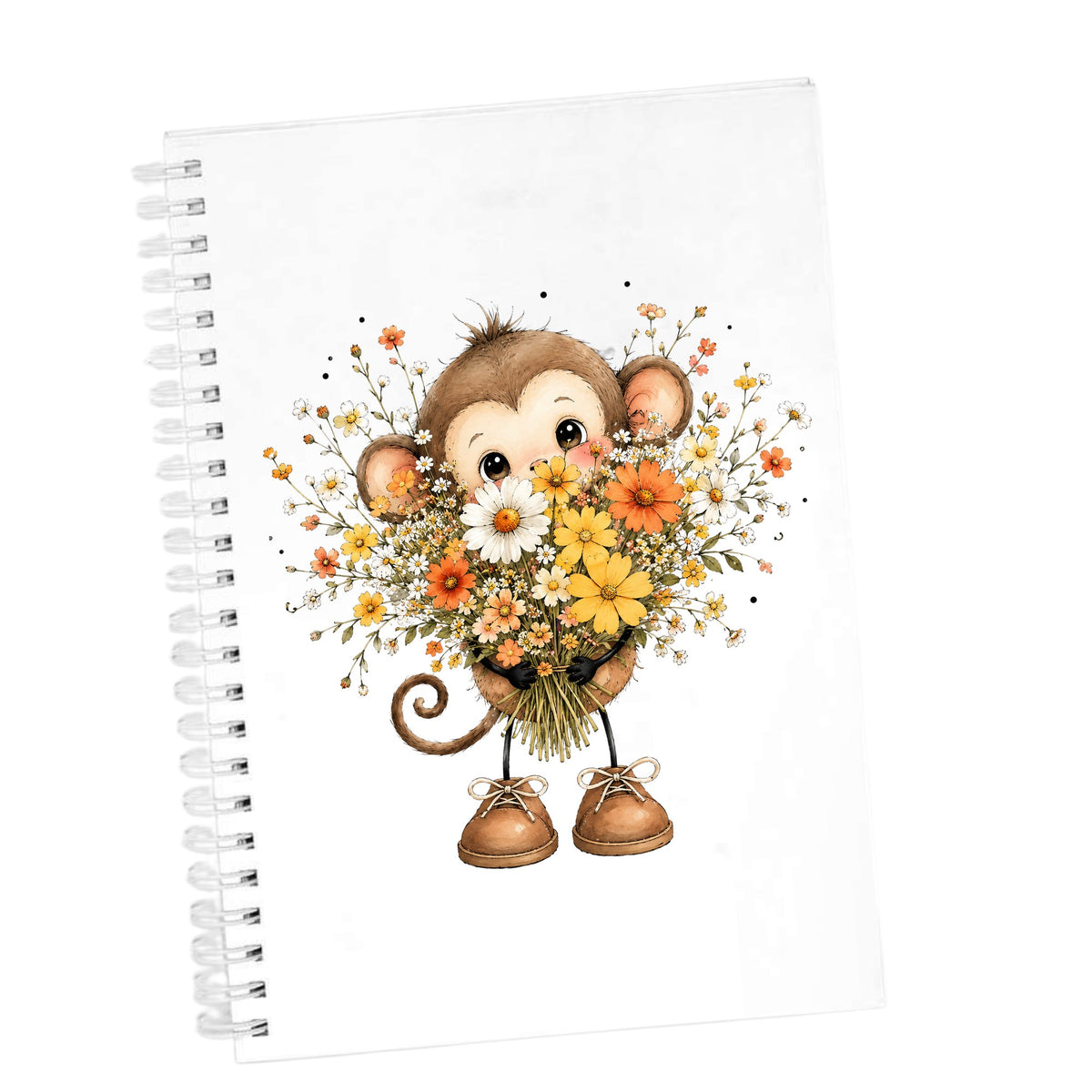 Baby Monkey Holding Daisy Bouquet UV DTF sticker applied to the cover of a white spiral journal