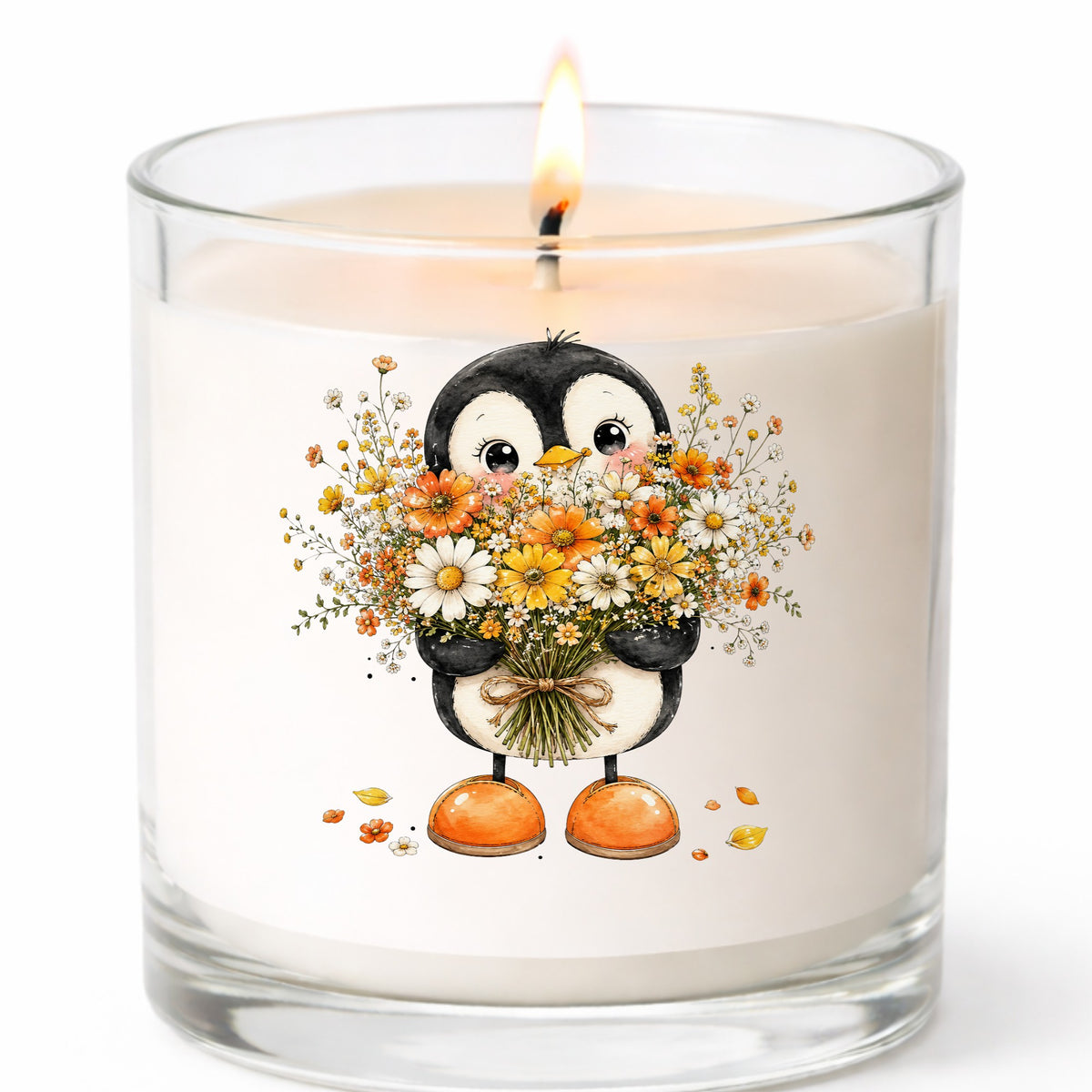 Baby Penguin Holding Wildflower Bouquet UV DTF sticker applied to a white candle in a clear glass jar