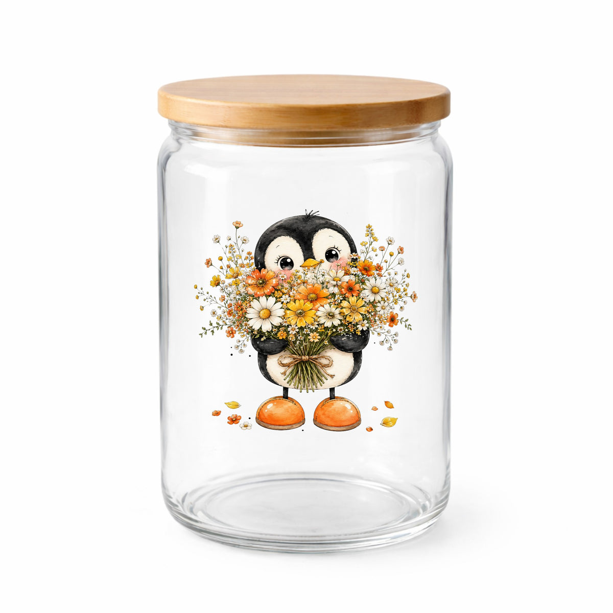 Baby Penguin Holding Wildflower Bouquet UV DTF sticker applied to a clear glass jar with a wooden lid