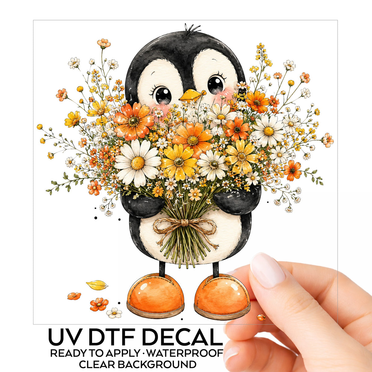Baby Penguin Holding Wildflower Bouquet UV DTF sticker on its backing card, held in hand