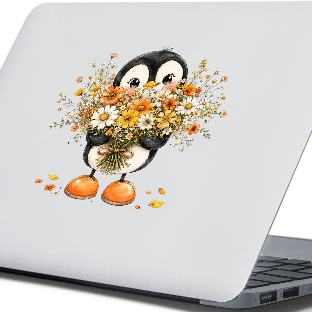 Baby Penguin Holding Wildflower Bouquet UV DTF sticker applied to the lid of a silver laptop