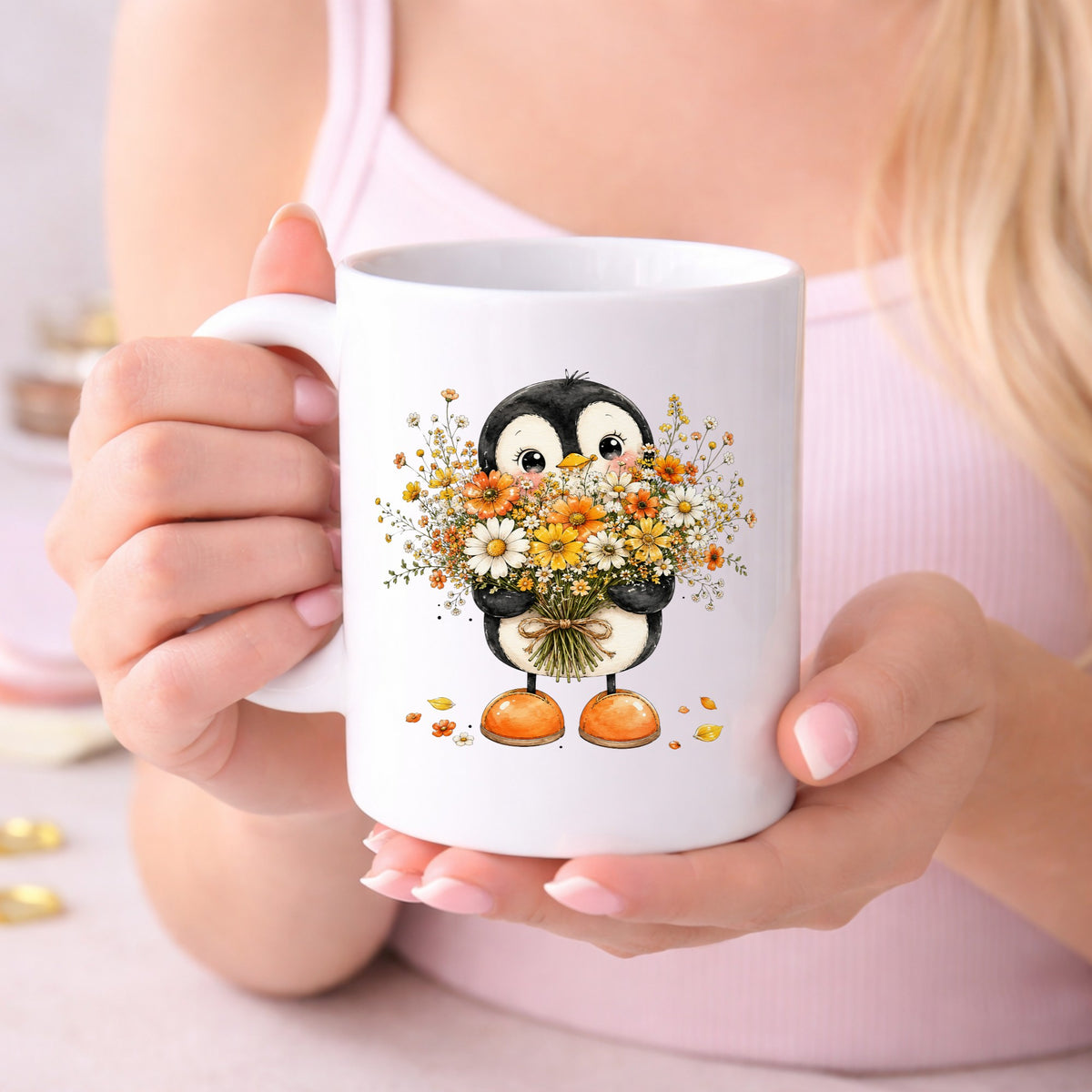 Baby Penguin Holding Wildflower Bouquet UV DTF sticker applied to a white coffee mug held in both hands