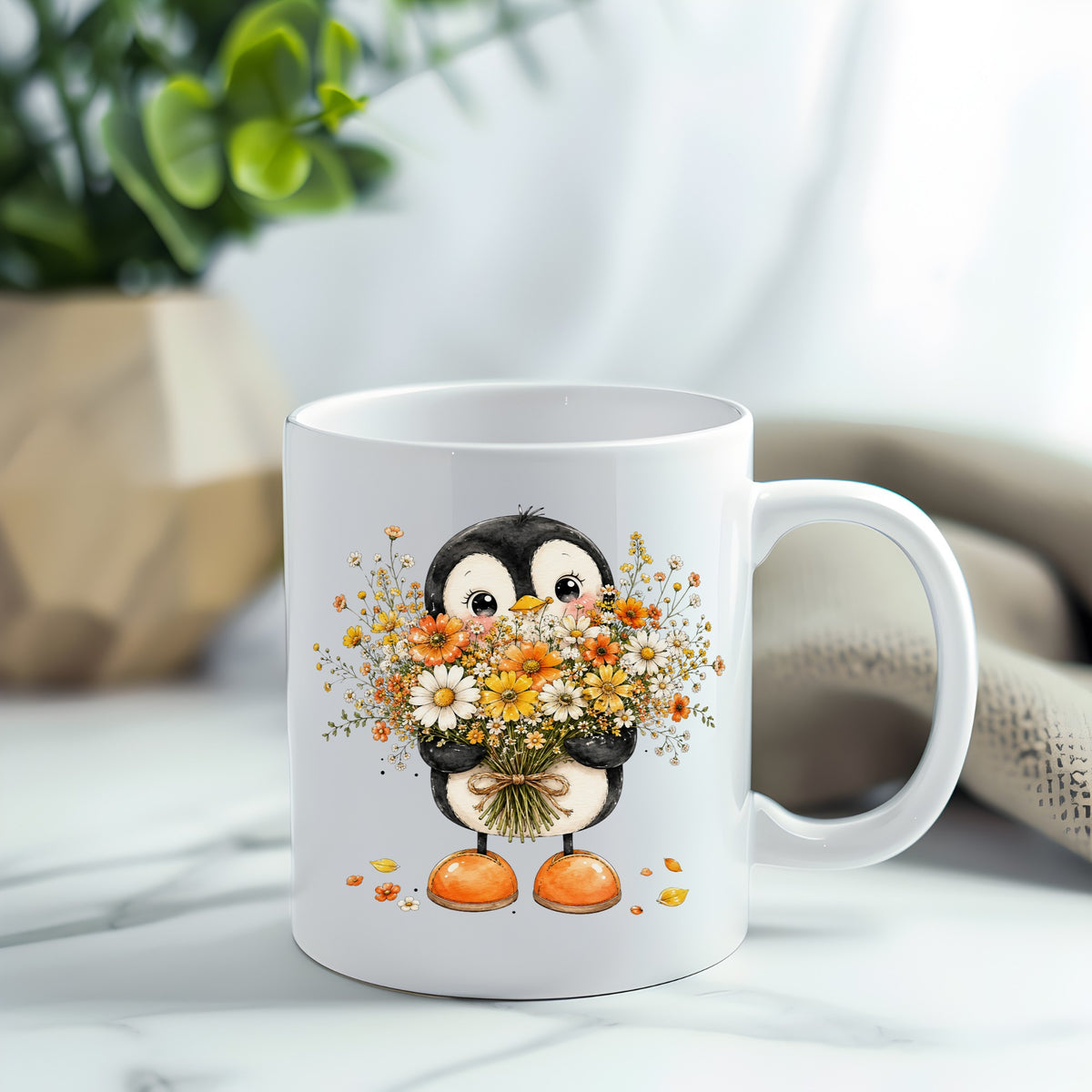 Baby Penguin Holding Wildflower Bouquet UV DTF sticker applied to a white coffee mug