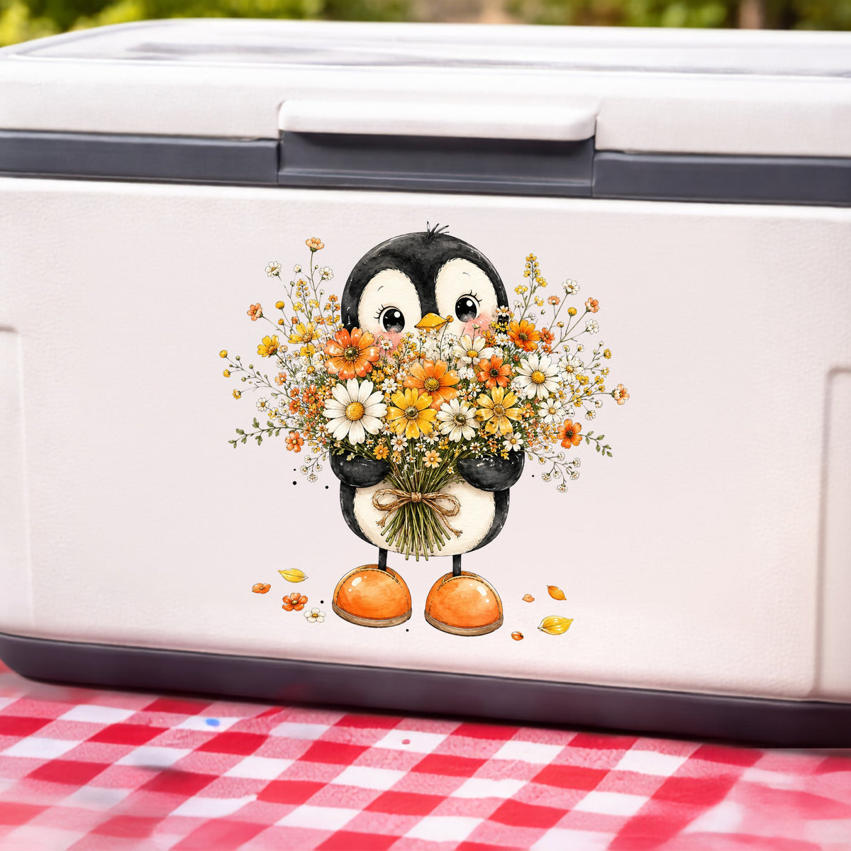 Baby Penguin Holding Wildflower Bouquet UV DTF sticker applied to a white cooler on a red gingham cloth