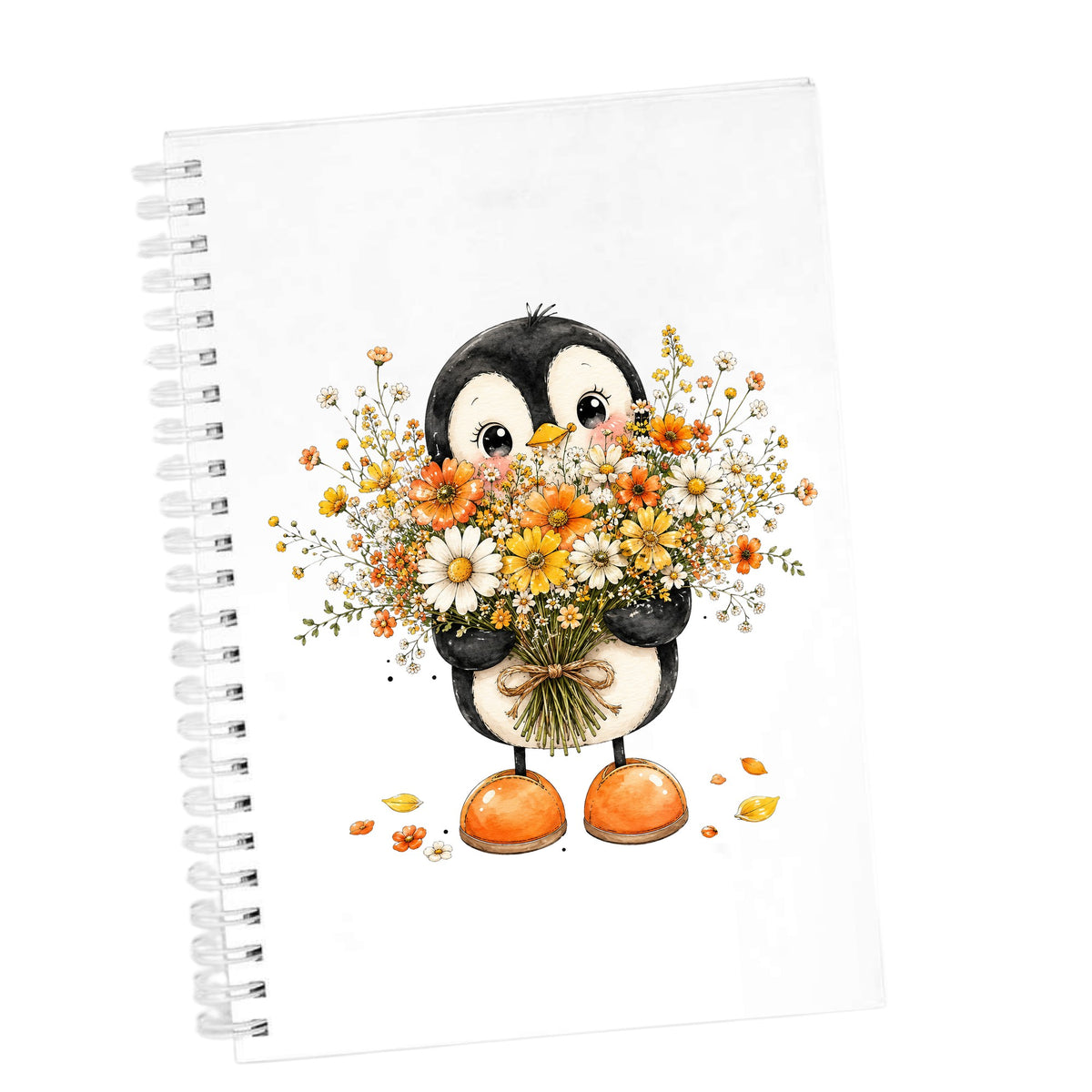 Baby Penguin Holding Wildflower Bouquet UV DTF sticker applied to the cover of a white spiral journal