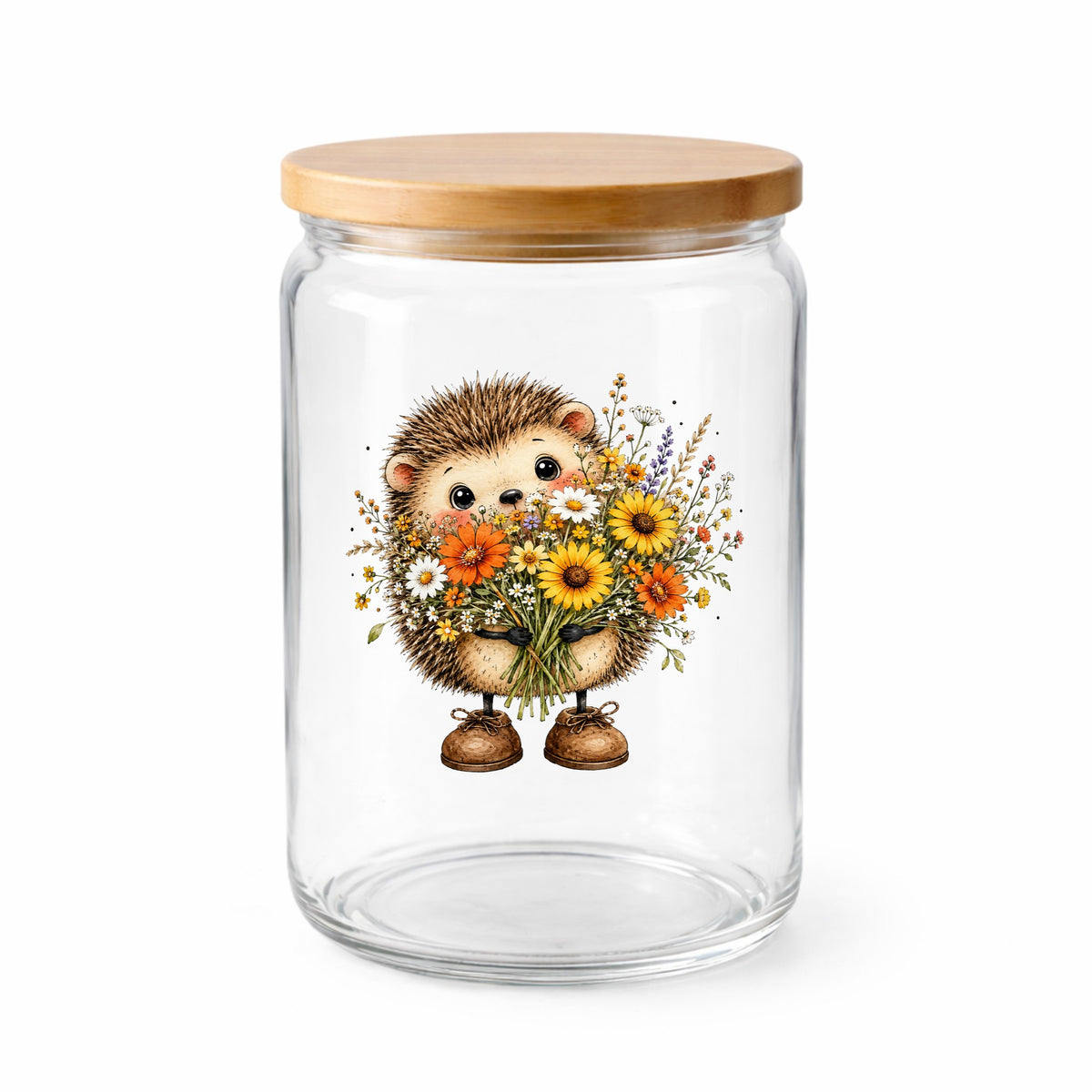 Hedgehog Holding Wildflower Bouquet UV DTF sticker applied to a clear glass jar with a wooden lid