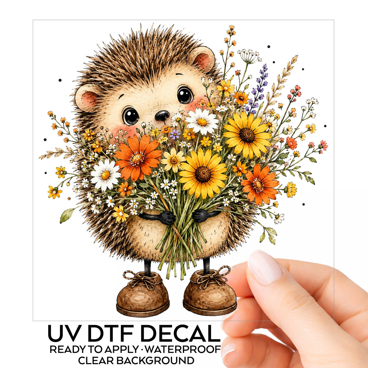 Hedgehog Holding Wildflower Bouquet UV DTF sticker on its backing card, held in hand