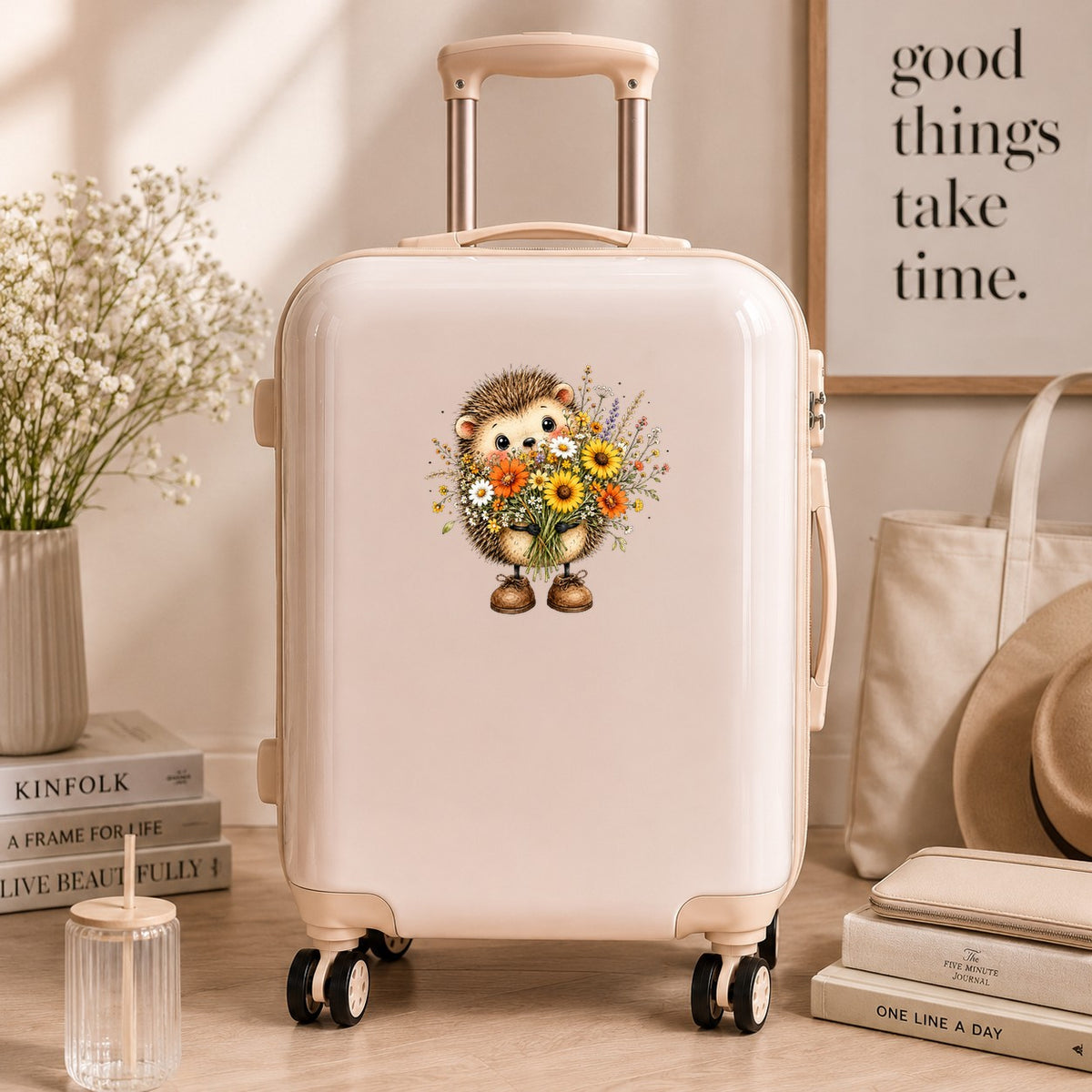 Hedgehog Holding Wildflower Bouquet UV DTF sticker applied to a cream carry-on suitcase