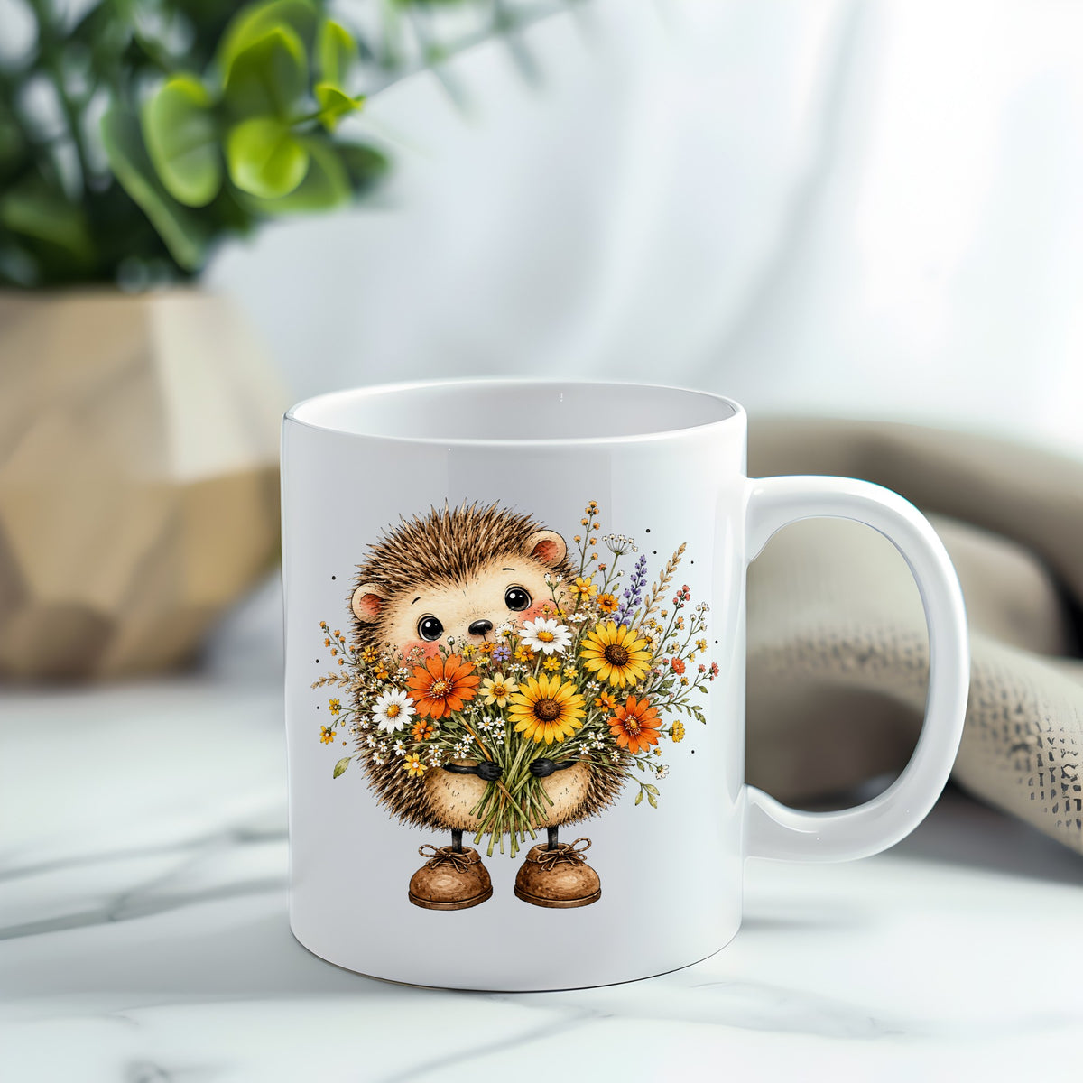 Hedgehog Holding Wildflower Bouquet UV DTF sticker applied to a white coffee mug