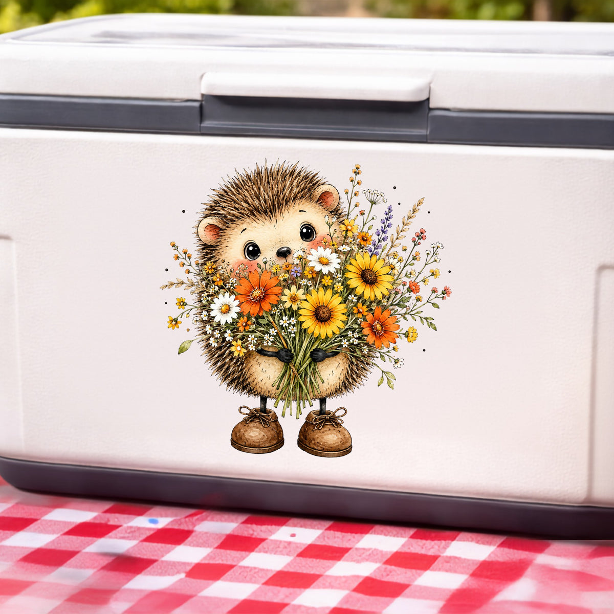 Hedgehog Holding Wildflower Bouquet UV DTF sticker applied to a white cooler on a red gingham cloth