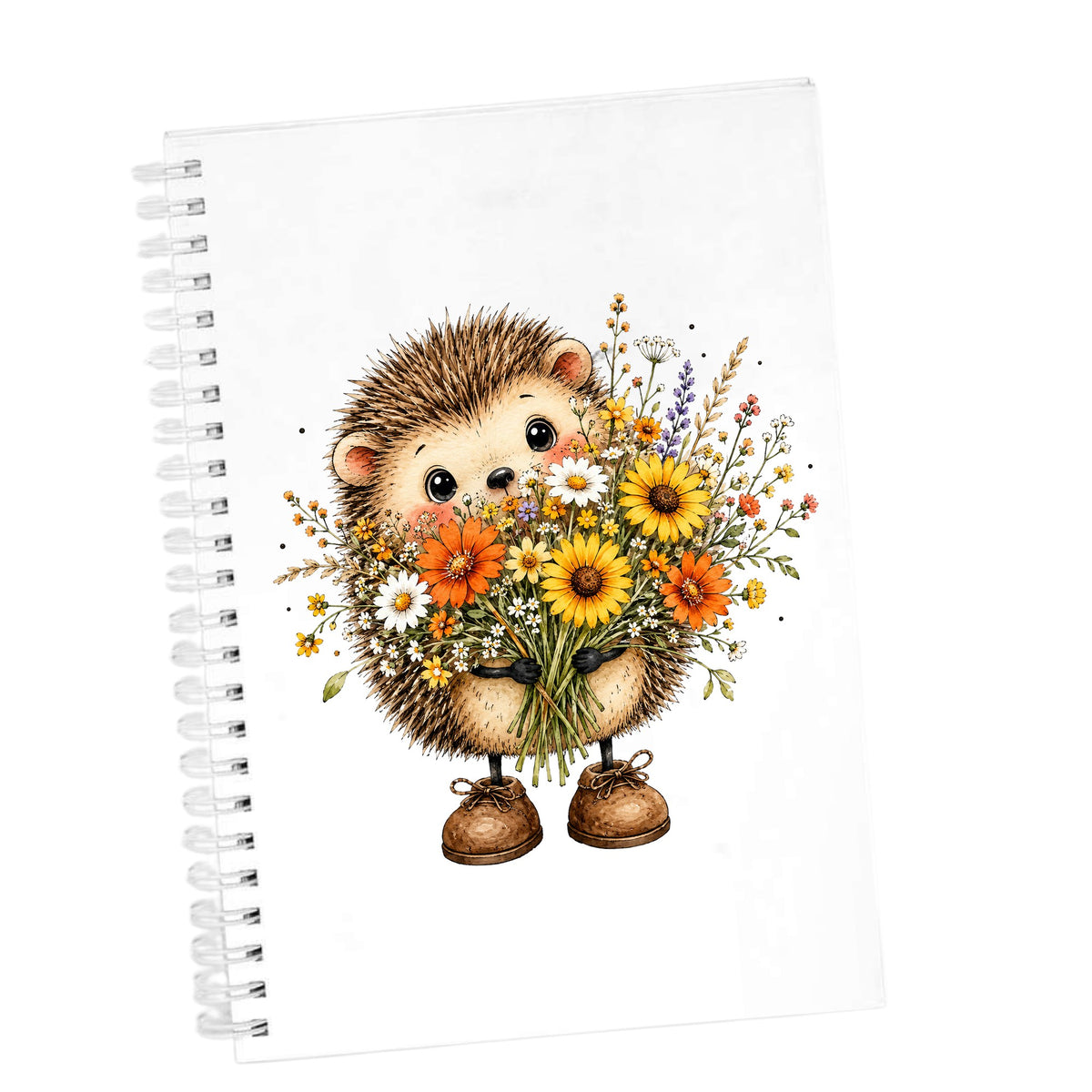 Hedgehog Holding Wildflower Bouquet UV DTF sticker applied to the cover of a white spiral journal