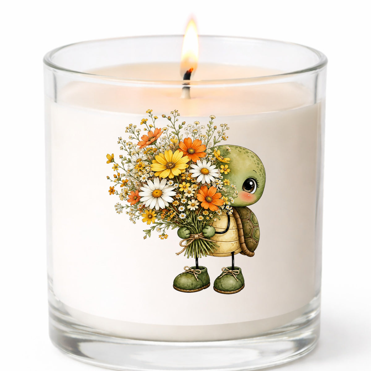 Baby Turtle Holding Wildflower Bouquet UV DTF sticker applied to a white candle in a clear glass jar