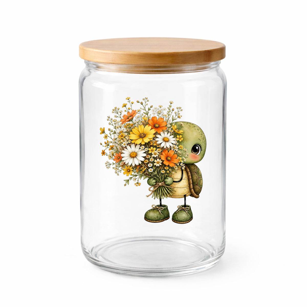 Baby Turtle Holding Wildflower Bouquet UV DTF sticker applied to a clear glass jar with a wooden lid