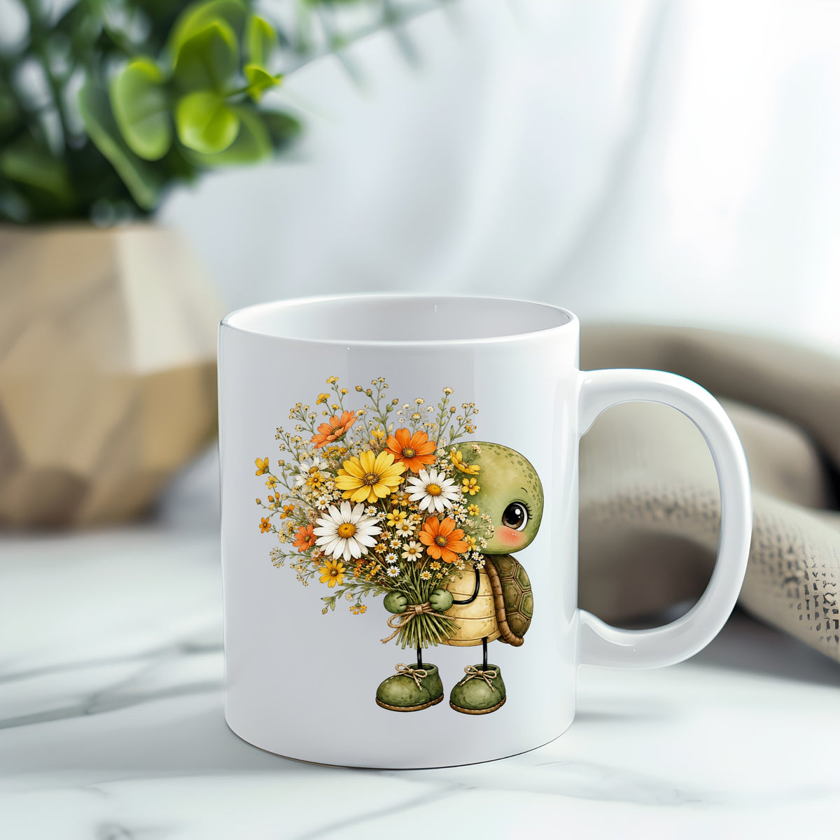 Baby Turtle Holding Wildflower Bouquet UV DTF sticker applied to a white coffee mug