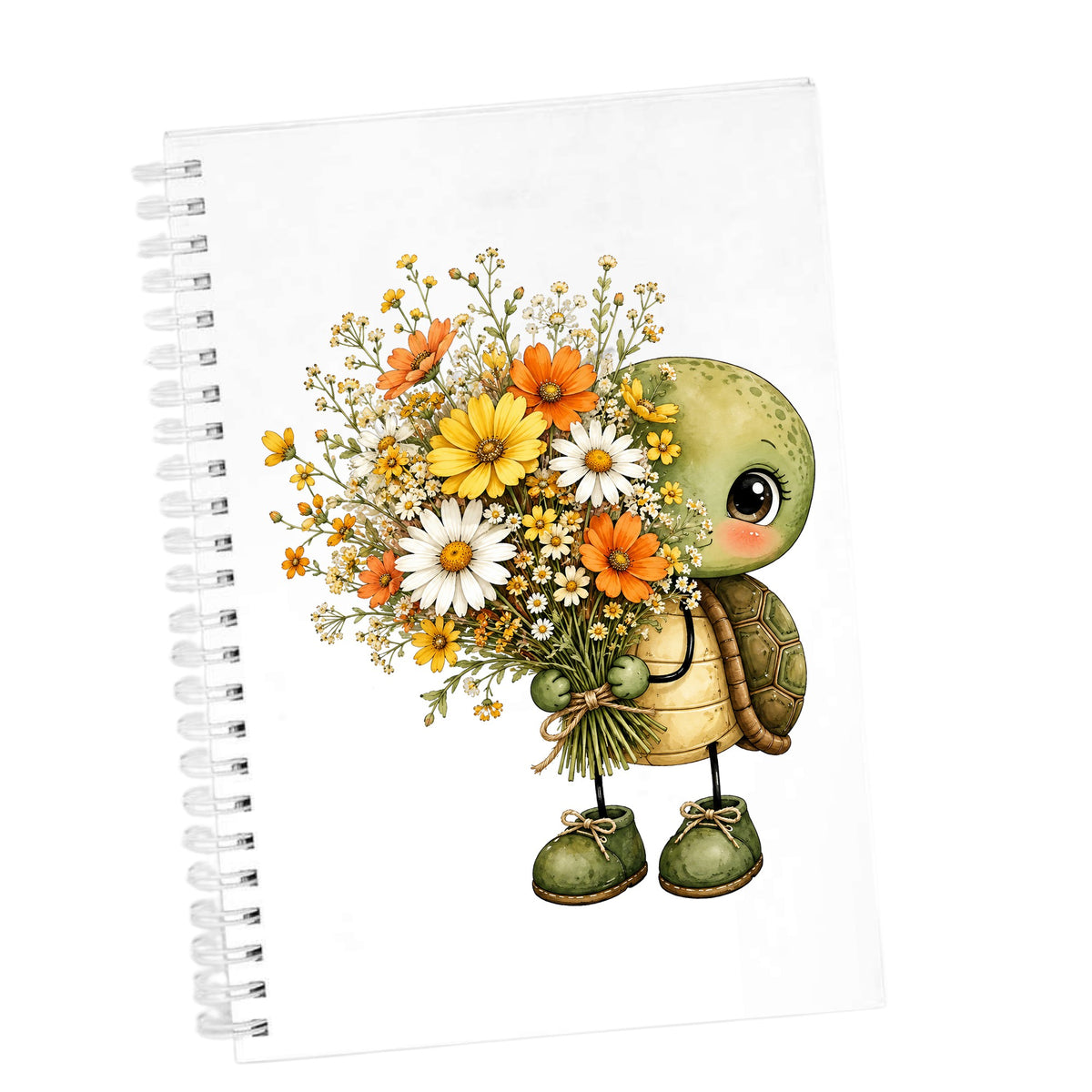 Baby Turtle Holding Wildflower Bouquet UV DTF sticker applied to the cover of a white spiral journal