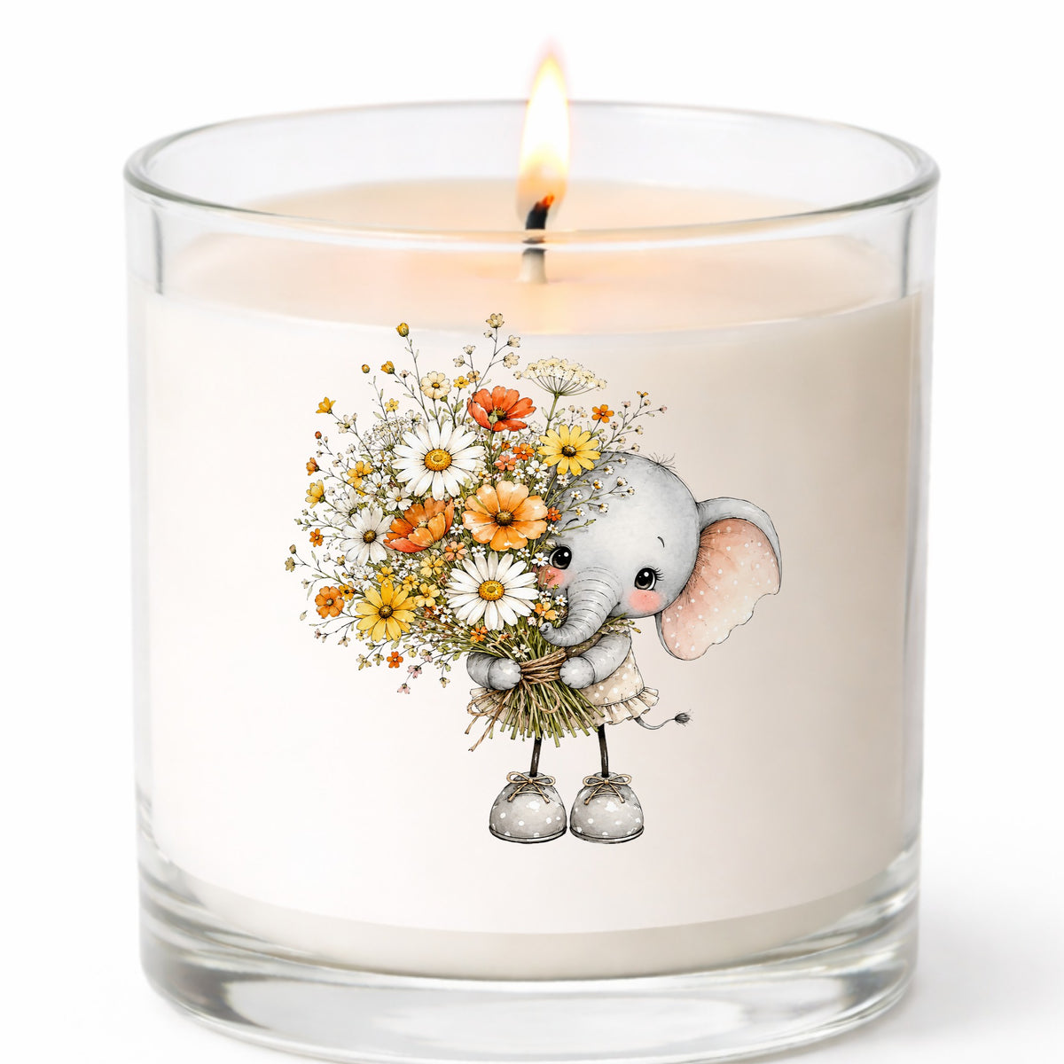 Baby Elephant Holding Daisy Bouquet UV DTF sticker applied to a white candle in a clear glass jar