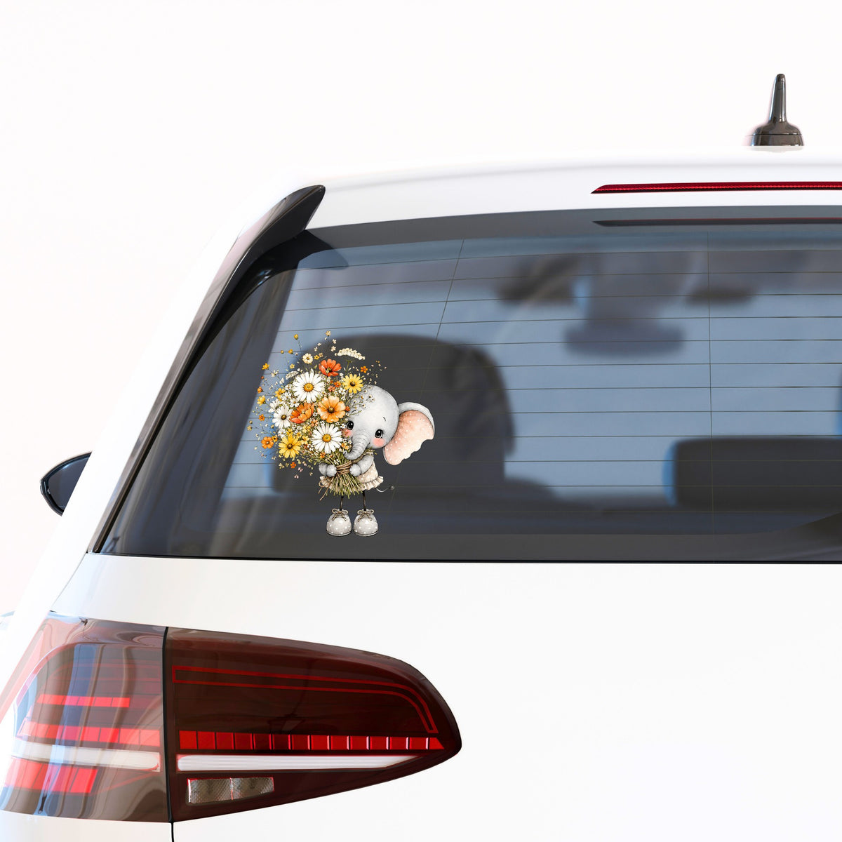 Baby Elephant Holding Daisy Bouquet UV DTF sticker applied to the rear window of a white car