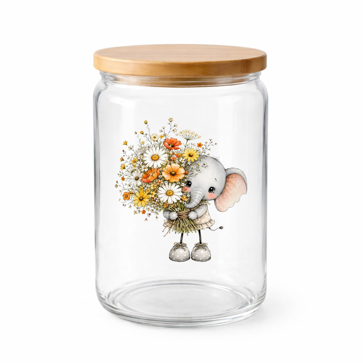 Baby Elephant Holding Daisy Bouquet UV DTF sticker applied to a clear glass jar with a wooden lid