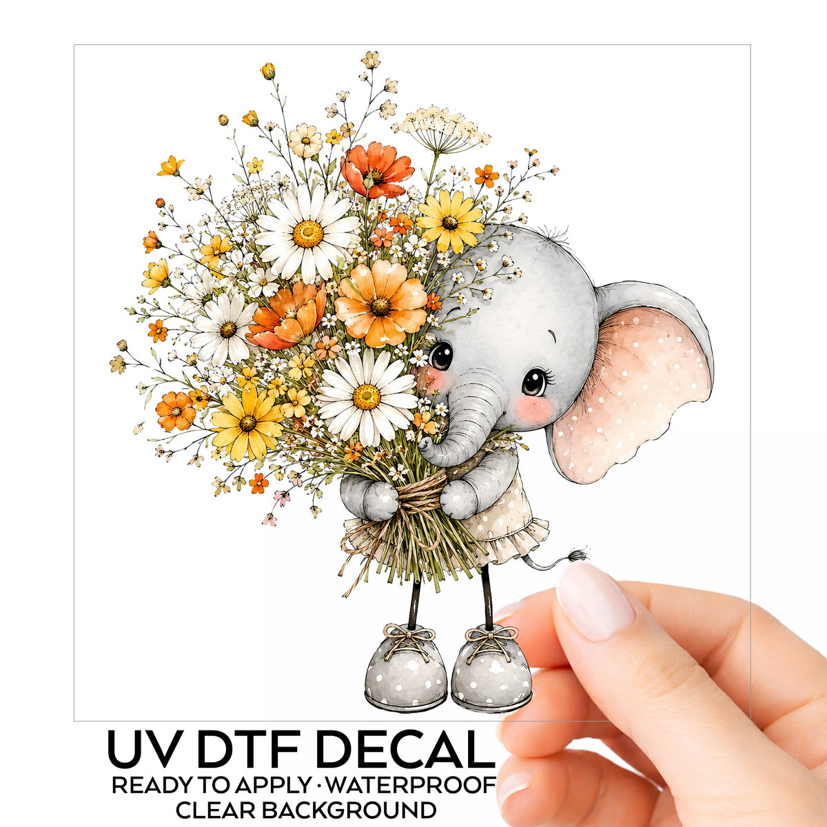 Baby Elephant Holding Daisy Bouquet UV DTF sticker on its backing card, held in hand