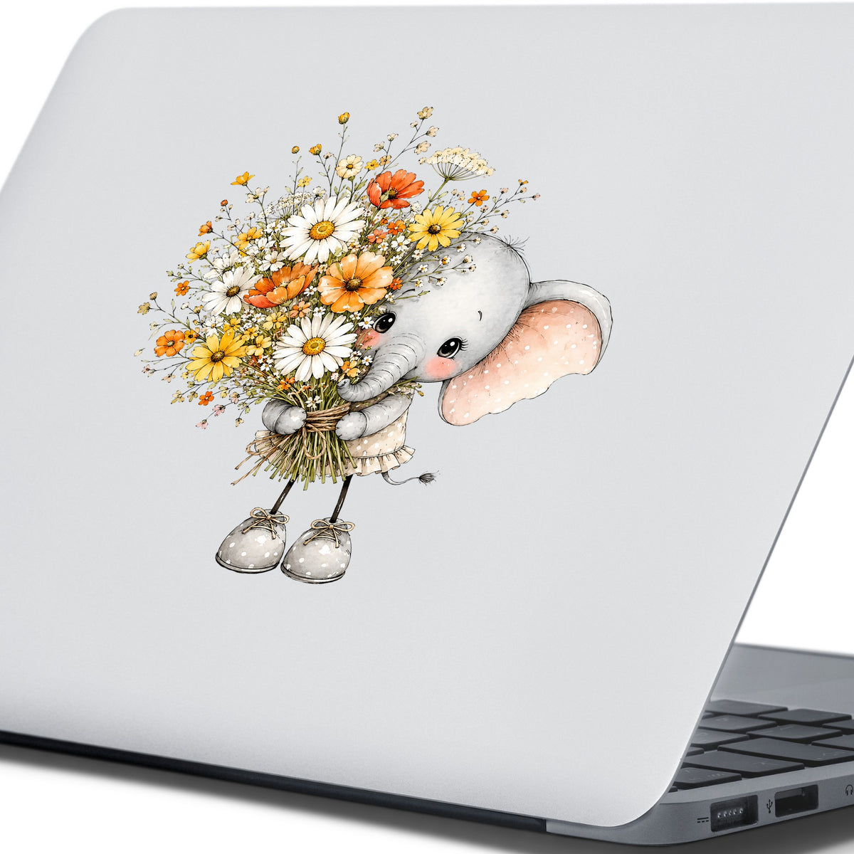 Baby Elephant Holding Daisy Bouquet UV DTF sticker applied to the lid of a silver laptop
