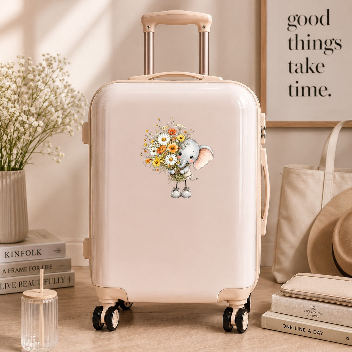 Baby Elephant Holding Daisy Bouquet UV DTF sticker applied to a cream carry-on suitcase