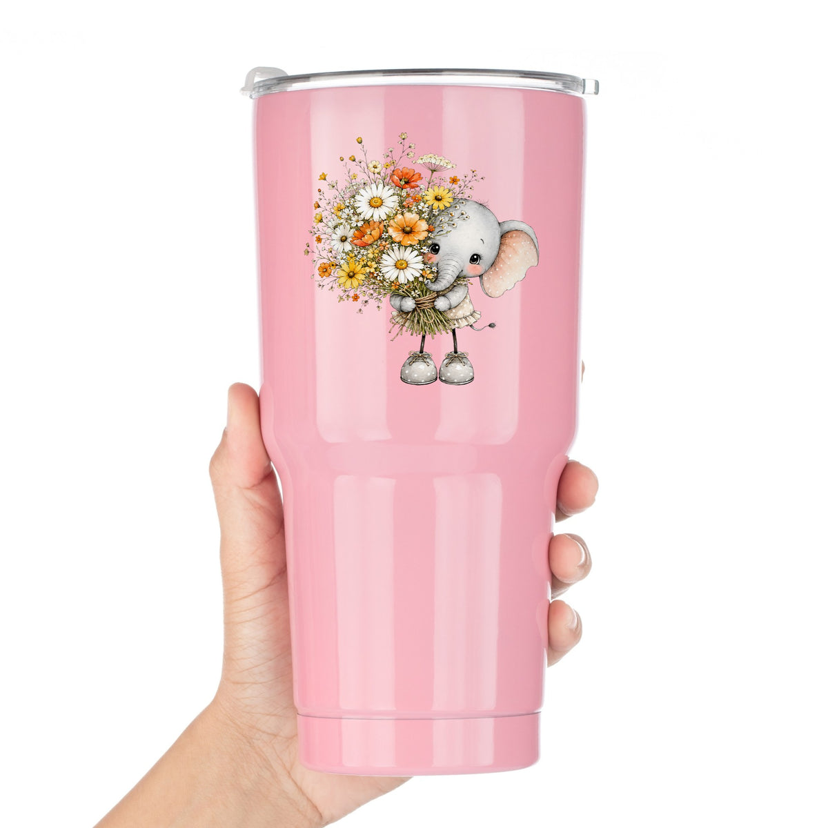 Baby Elephant Holding Daisy Bouquet UV DTF sticker applied to a pink tumbler held against a white background