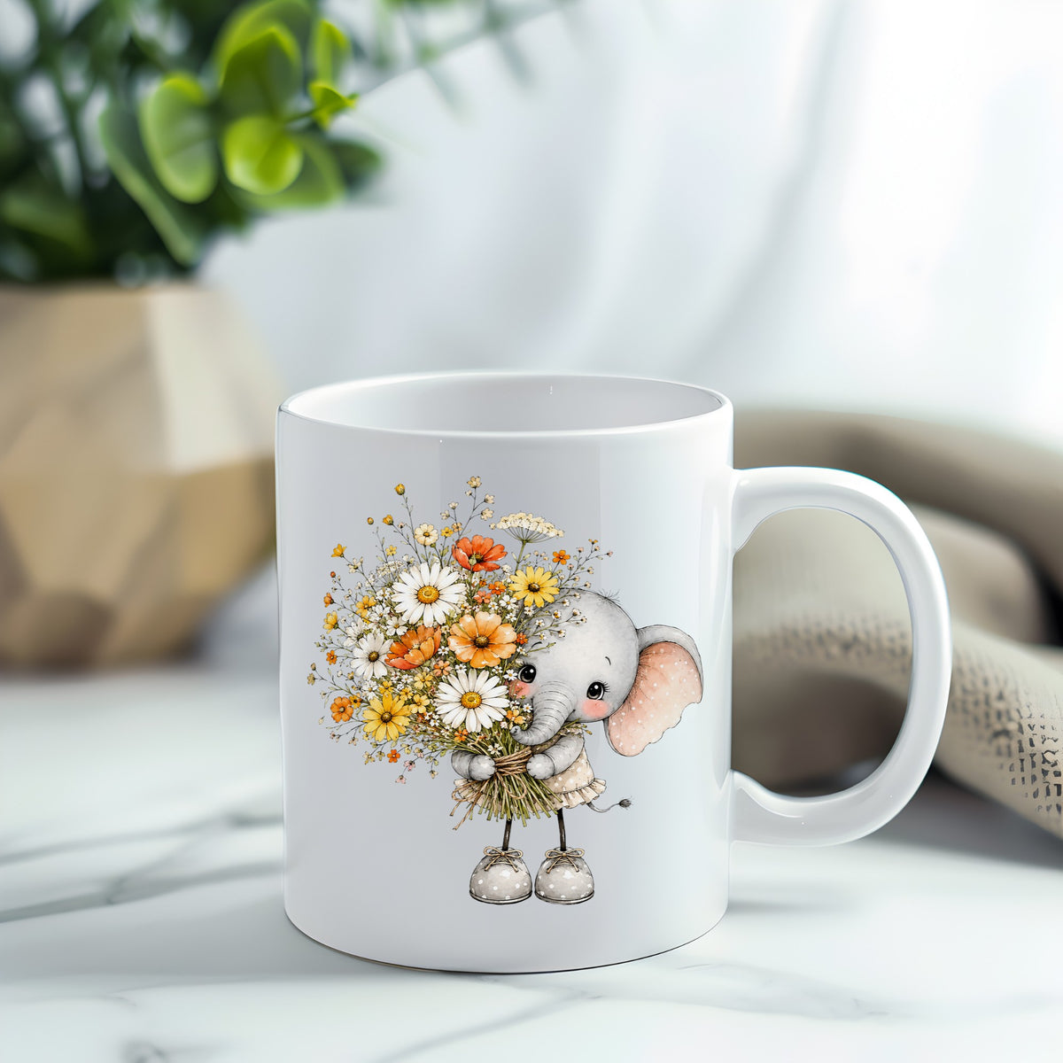 Baby Elephant Holding Daisy Bouquet UV DTF sticker applied to a white coffee mug